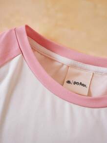 HARRY POTTER X SHEIN Tween Girl Cartoon Owl Hedwig Printed Color Block Raglan Sleeve Top And Gryffindor House  Pants Snug Fit Pajama Set