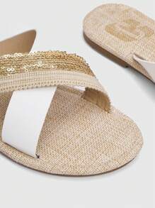 Woman Shoes Fashionable Beaded Woven Rope Flat Sandals For Spring And Summer - Beige - View 3