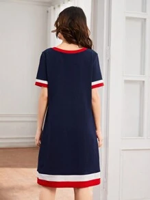 SHEIN Teen Girl Knitted Patchwork Casual Short Sleeve Dress With Round Neck - Multicolor - View 2