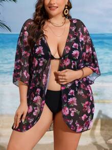 Plus Size Women's Floral Printed Simple Daily Kimono Dress - Multicolor - View 6