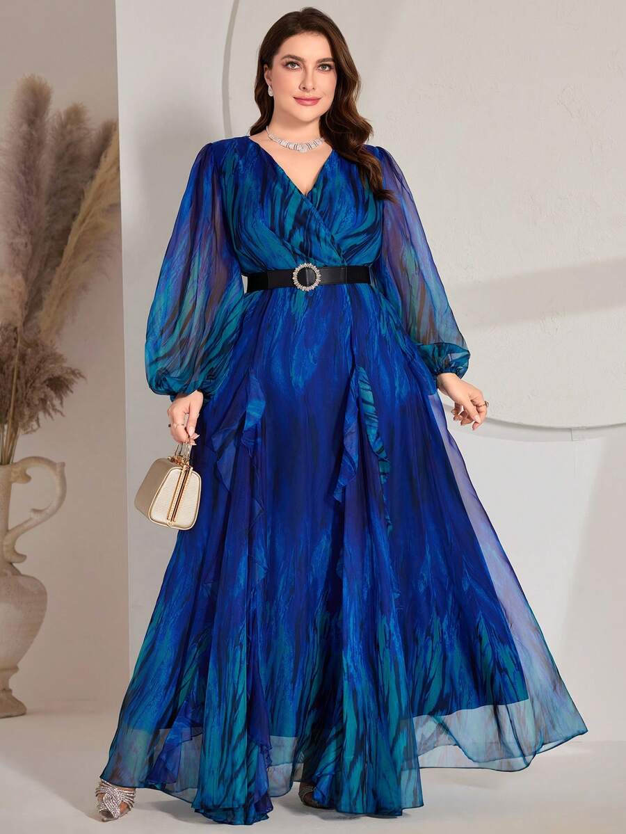 Plus Size Women V-Neck Gradient Long Lantern Sleeve Maxi Arabian Modest Dress