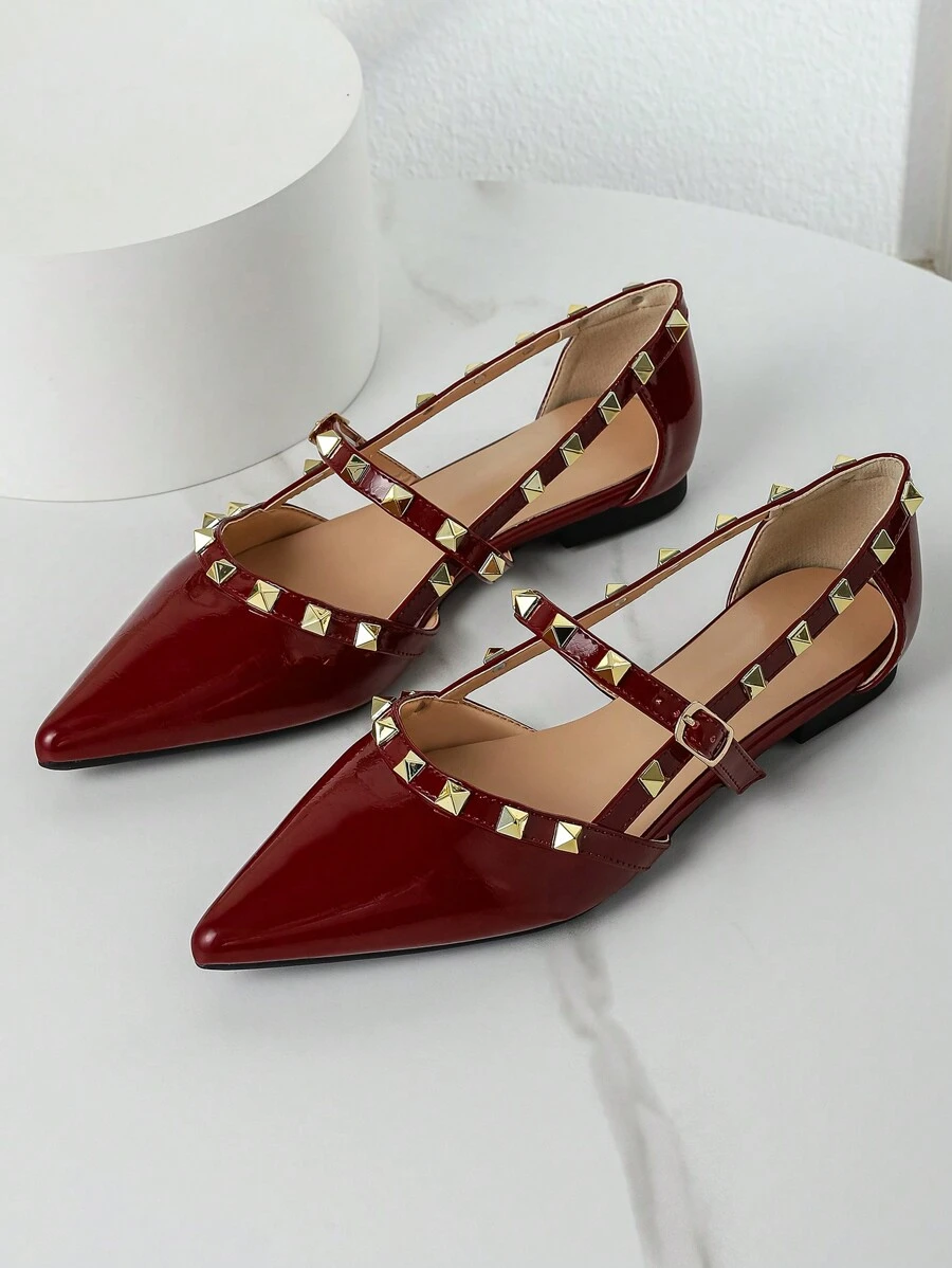 New Arrival Women's Fashionable Pointed Toe Flat Shoes With Rivets And Hollow Out Design - Burgundy - View 1