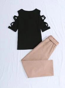 SHEIN Teen Girl, negru și kaki, cu mâneci încrucișate, pantaloni strâmți și cu picioare drepte, cu talie cu fundă Set 2 buc.