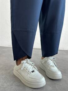 RueChic SOLID SOFT FABRIC CUFF DETAIL SLANT POCKET PANT - Navy Blue - View 3