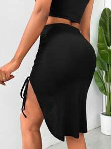 VaVaBold Summer Solid Color Drawstring Split Bodycon Skirt