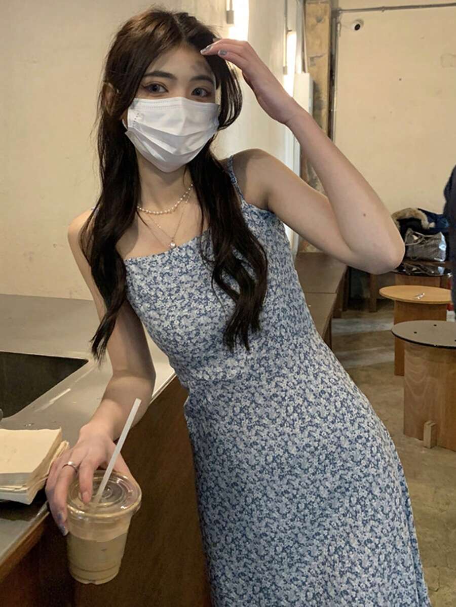 碎花吊带连衣裙，休闲度假派对夏季优雅款 - 藍色 - 查看 1