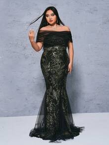 seomiscky Plus Size Mesh Splice Bodycon Off Shoulder Women's Party Dress (Heavy Style) - Black - View 4