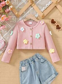 SHEIN Áo khoác cardigan dài tay hoa 3D đầy màu sắc màu hồng cho cô gái trẻ - Hồng - Xem 1
