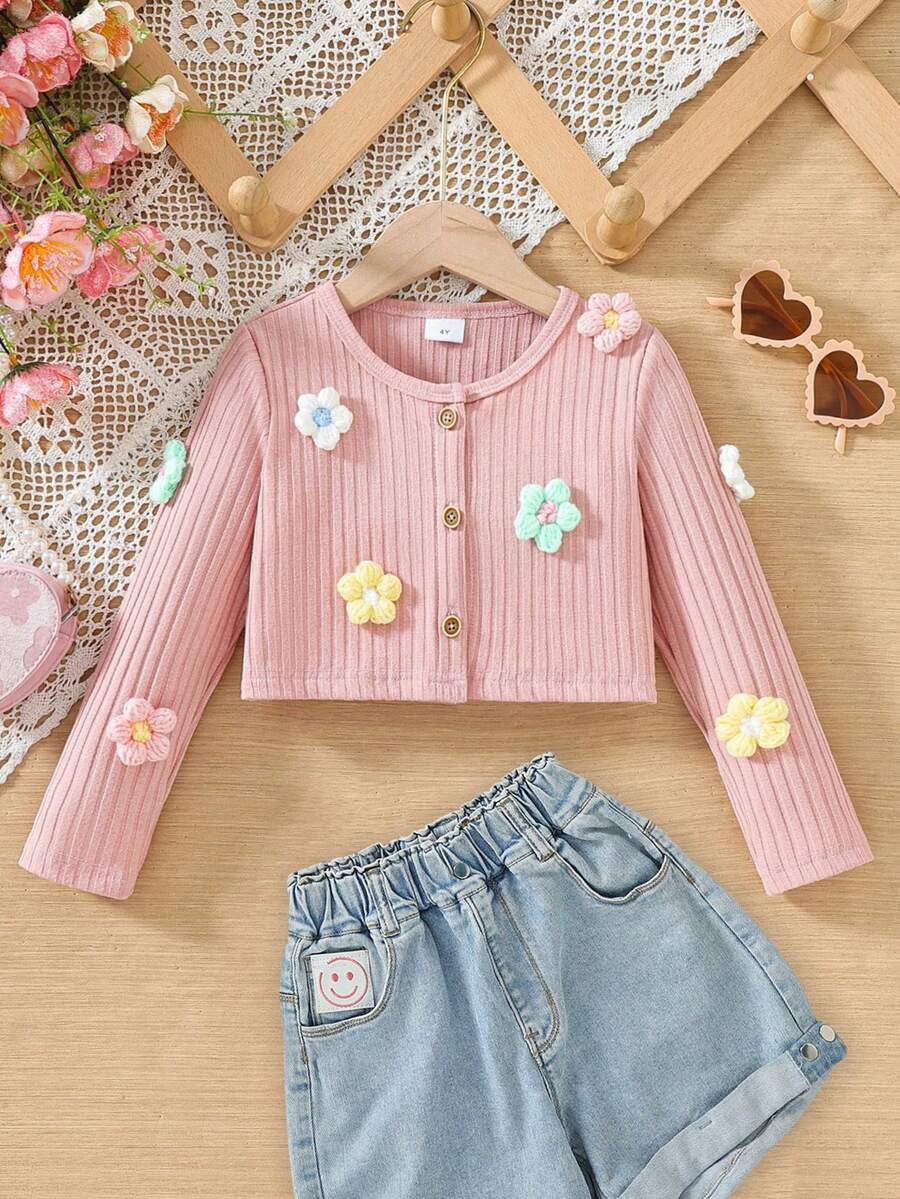 SHEIN Áo khoác cardigan dài tay hoa 3D đầy màu sắc màu hồng cho cô gái trẻ - Hồng - Xem 1