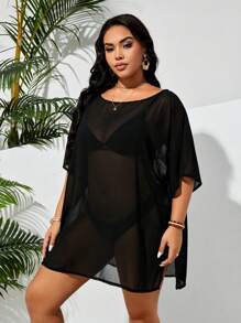 Swim Lushoire Plus Size Women's Holiday Solid Color Round Neck Batwing Sleeve Mesh Loose Cover-Up Dress,Summer Beach - Black - View 4