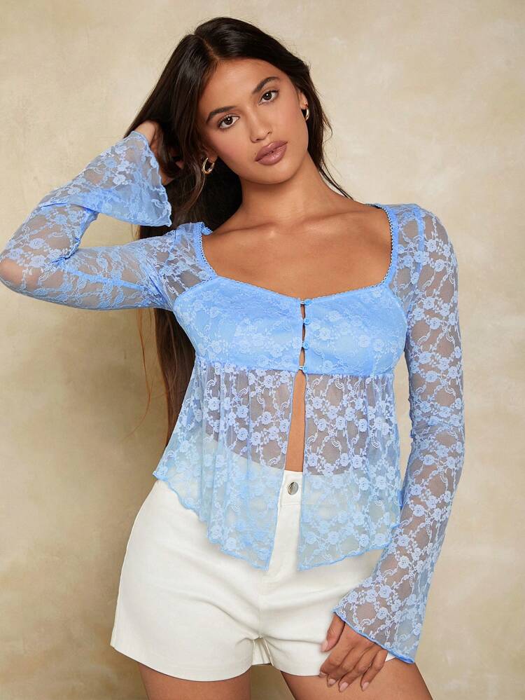 Women's Blue Lace Asymmetrical Hem Square Neck Long Sleeve Top