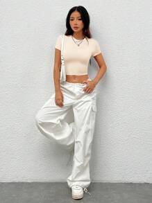 SHEIN PETITE Casual Round Neck Tight Short Sleeve T-Shirt For Women, Suitable For Summer - Apricot - View 4