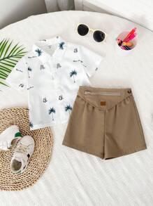 SHEIN Baby Boy Floral Patterned Short Sleeve Collared Romper With Plain Shorts And Bib Set, 3pcs