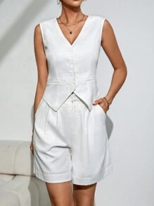 Firerie Women's Summer White Top Top And Mid-Length Shorts Casual Outfit, 2pcs Set,Comfortable And Breathable Fabric,Suitable For Daily, Commuting, Holiday, Dating In Fall/Winter - White - View 1