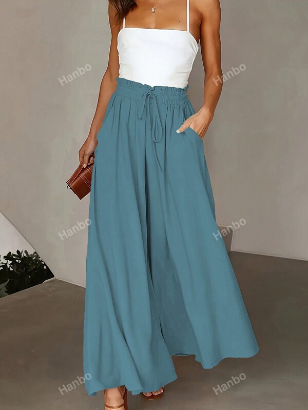 Plus Size Women Solid Color Ruffle Waist Tie Wide Leg Loose Holiday Pants