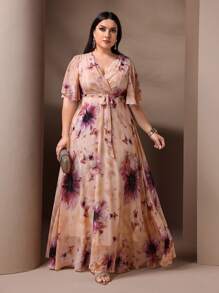 Plus Size Elegant Floral Print Dress, Summer - Pink - View 1