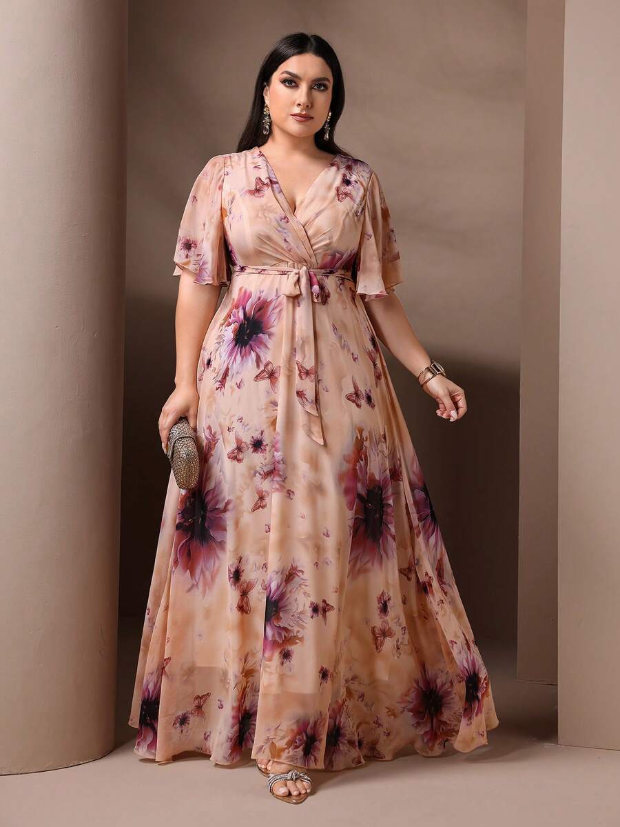 Plus Size Elegant Floral Print Dress, Summer - Pink - View 1