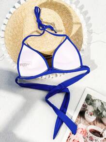 Swim Vcay Women's Low-Cut Solid Color Halter Neck Bikini Top (One Piece), Detachable Strap With Knot, Push-Up And Wire-Free,Summer Beach - Royal Blue - View 2