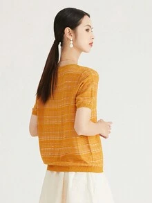 Maglione a pullover classico a quadri morbido e confortevole per donna, ideale per la donna che lavora in ufficio, estate - Giallo - Visualizzare 2