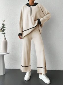 RueChic Contrast Trim Drop Shoulder Drawstring Hooded Sweater & Knit Pants - Beige - View 1