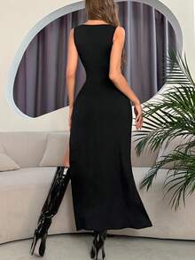 Women's Gothic Dark Sexy Metal Corns Rope Stretch Slit V-Neck Dress