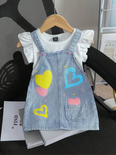 SHEIN Conjunto de falda de tirantes en denim estampado de moda para niña