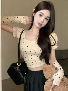 女士心形印花方领短袖短款 T 恤 - 杏色 - 查看 1