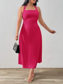 SHEIN Privé Plus Size Ruched Spaghetti Strap Midi Dress In Light Apricot Color, Elegant Style For Daily Wear Or Date - Hot Pink - View 4