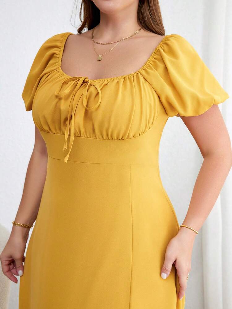 Plus Size Long A-Line Split Hem Puff Sleeve Summer Dress