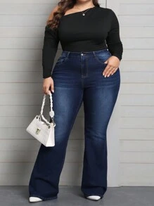 SHEIN CURVE+ Denim ukuran plus Tombol Kantong Zip Plain - Dark Wash - View 4