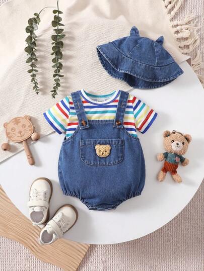 SHEIN 嬰兒男寶寶熊印花裝飾服裝套裝