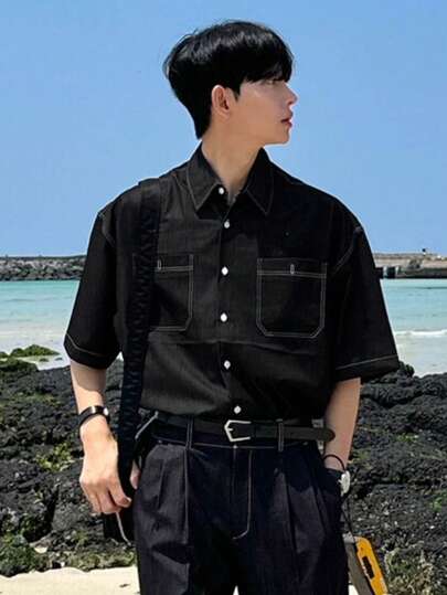 DAZY 男士夏季短袖休閒口袋牛仔襯衫