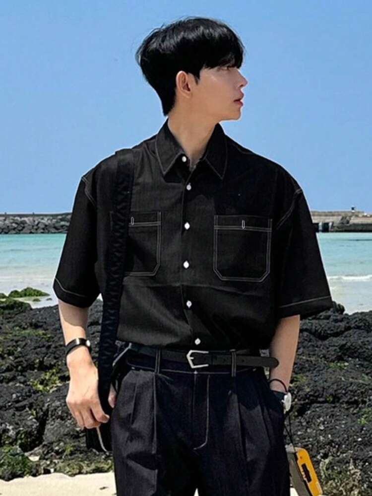 Men Short Sleeve Casual Pocket Denim Shirt For Summer