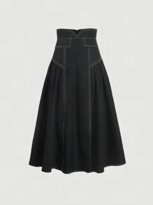 SHEIN MOD Plus Size Women's High-Waist Waist-Cinching A-Line Colorblock Skirt With Contrast Piping