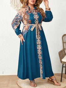 Mulvari Plus Size Women's Embroidered Decor Long Sleeve Dress - Blue - View 5