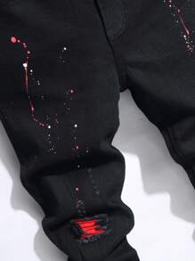 Men's Distressed Skinny Jeans With Splash Ink Print, Casual Elastic Tapered Leg Pants, Grunge - Black - View 4