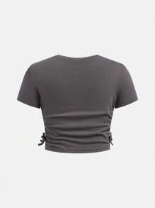 SHEIN Girlism Tween Girl Knitted Solid Color Round Neck Casual Short Sleeve T-Shirt - Dark Grey - View 2