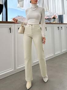 EURMUSE High Waist Straight Leg Jeans - Beige - View 3