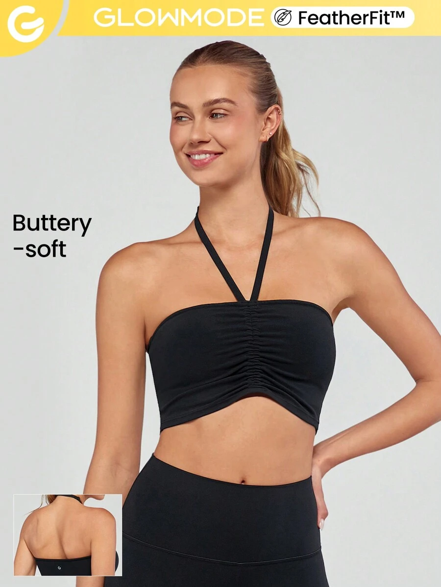 FeatherFit™ Ruched Dây rút Halter Top Xếp li có thể điều chỉnh Hỗ trợ ánh sáng Tác động thấp Phòng tập Yoga Hàng ngày Mùa hè - màu đen - Xem 1