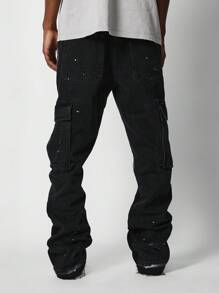 SUMWON Flare Fit Cargo Jeans With Paint Print - Black - View 2