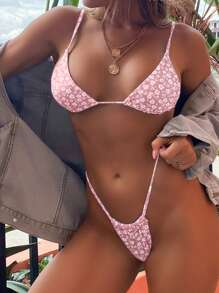 SHEIN Swim 女性夏季沙灘小花性感比基尼套裝，隨機印花 - 彩色 - 查看 1