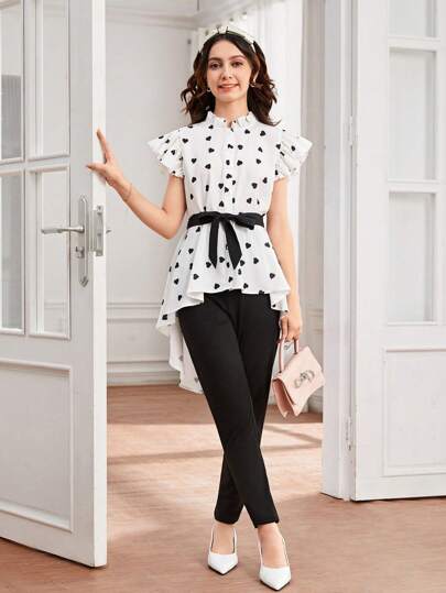 SHEIN Leap Crew Teen Girl Heart-Pattern Woven Off-Shoulder Tie-Front Top And Long Pants Casual 2-Piece Set