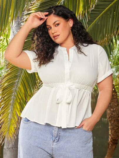 SHEIN SXY Plus Size Summer Casual Solid Color Short Sleeve Drawstring Waist Shirt, Suitable For Summer, Date Night, Birthday, Bachelorette Party, Casual, Shopping, Streetwear, Going Out, Vacation, Beach, Easy To Match&Looks Slim, Flatter The Figure