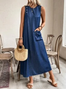 SHEIN LUNE Đầm chữ A không tay cổ tròn có nút trang trí và túi lớn - Màu xanh lam - Xem 4