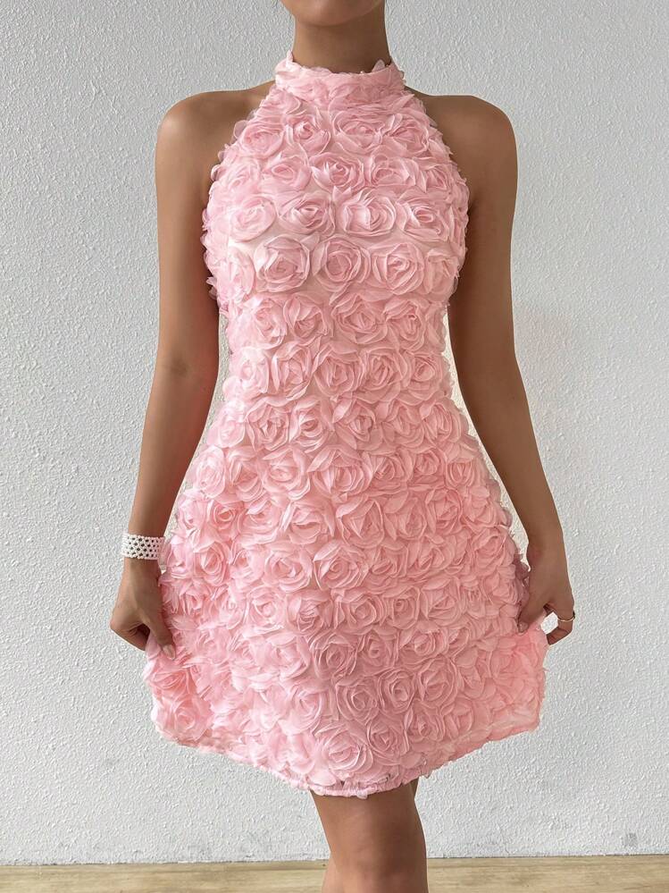 Chiquease Vestido Off-Shoulder Feminino com Detalhes Florais em 3D - Rosa chiclete - Visão 7