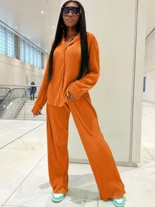 时尚休闲百褶衬衫和阔腿裤两件套女士