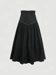 SHEIN MOD Plus Size Women's High-Waist Waist-Cinching A-Line Colorblock Skirt With Contrast Piping