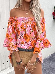 SHEIN VCAY 女士優雅時尚花卉印花鬆身露肩鈴襬袖度假上衣 - 粉色 - 查看 5