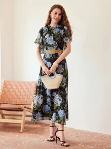 MOTF PREMIUM FLORAL PRINT FRILL MOCK NECK FLUTTER SLEEVE DRESS - Multicolor - View 7