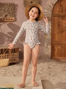 Young Girl Random Flower Printed One Piece Swimsuit With Zipper